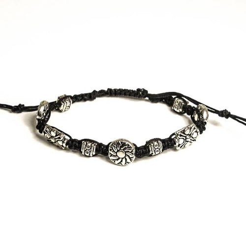 Black Macrame Bracelet with Graduated, Detailed Pewter Beads