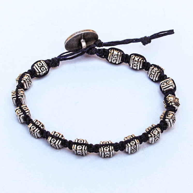 Black Macrame Bracelet with Detailed Silver Cube Pewter Beads