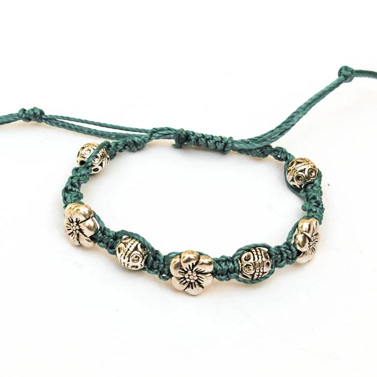 Turquoise Macrame Bracelet with Mixed Pewter Beads & Sliding Closure