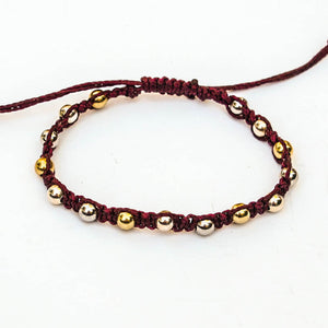 Burgundy Macrame Bracelet with Silver & Gold Beads