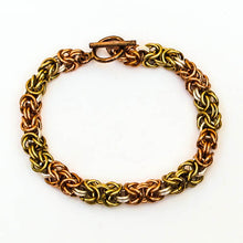 Load image into Gallery viewer, Gold and Copper Byzantine Weave Chain Maille Bracelet with toggle clasp