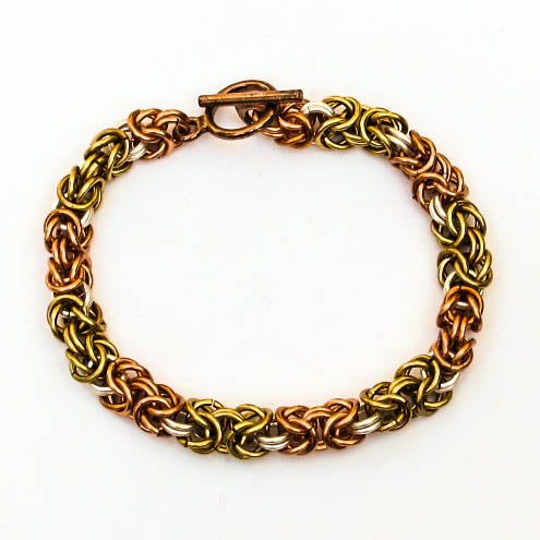Gold and Copper Byzantine Weave Chain Maille Bracelet with toggle clasp