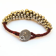Load image into Gallery viewer, Gold and Burgundy Kumihimo Bracelet with Graduated Metal Beads with button closure