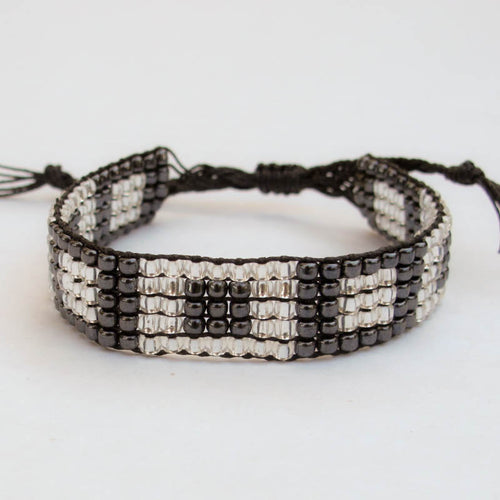 Crystal & Hematite Bead Woven Bracelet with adjustable sliding macrame closure