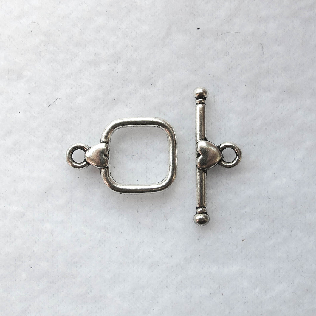 Square Toggle Clasp with Hearts, Silver, 14mm. wide