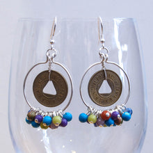 Load image into Gallery viewer, Vintage Bus Token &amp; Semi-Precious Gemstone Hoop Earrings