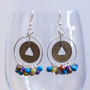 Vintage Bus Token & Semi-Precious Gemstone Hoop Earrings