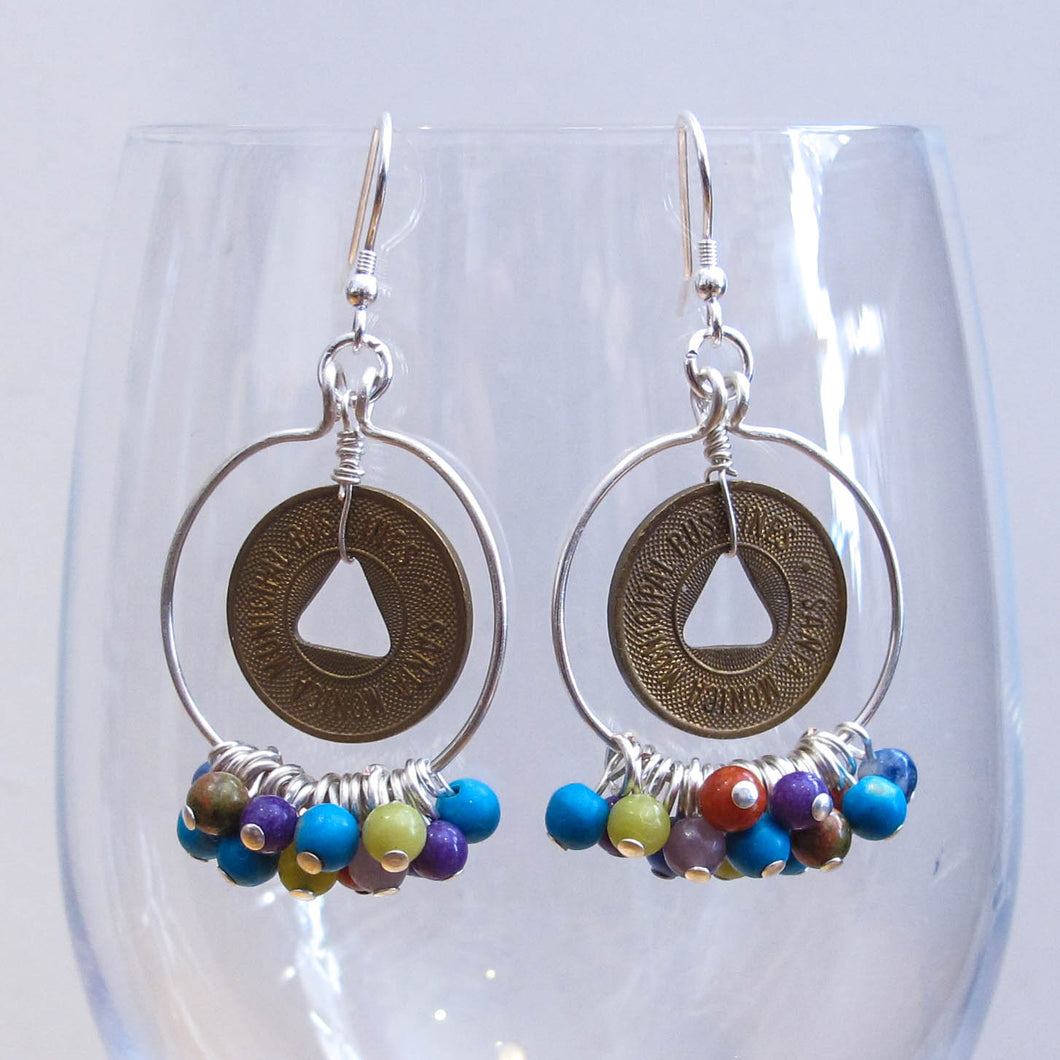 Vintage Bus Token & Semi-Precious Gemstone Hoop Earrings