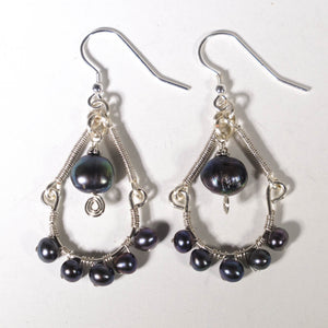 Black Freshwater Pearl Half Hoop Earrings with Silver Wrapped Wire Connectors