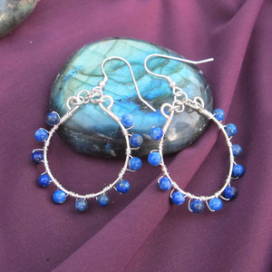 Silver Semi-Precious Lapis Lazuli Gemstone-Wrapped Hoop Earrings