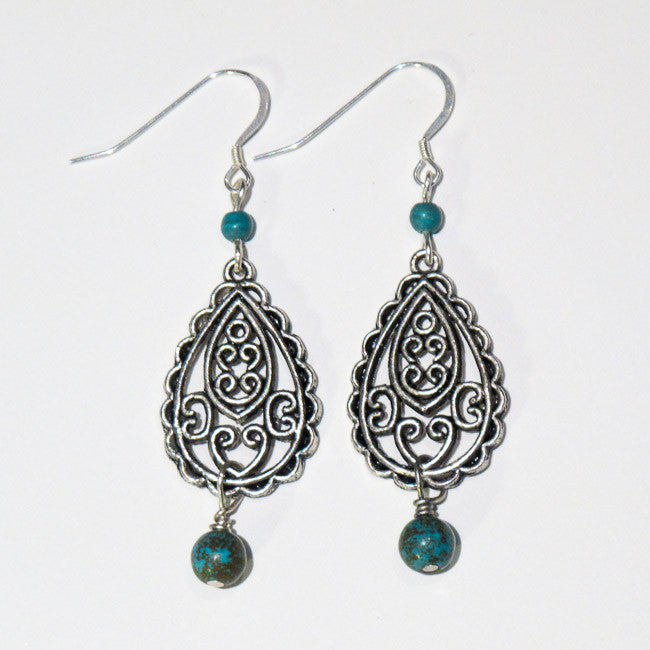 Pewter Filigree Earrings with Turquoise Magnesite Gemstone Beads