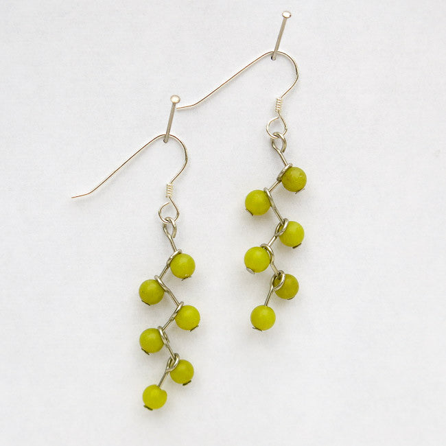 Cascading Vines beaded earrings with olive new jade gemstones and silver French hooks