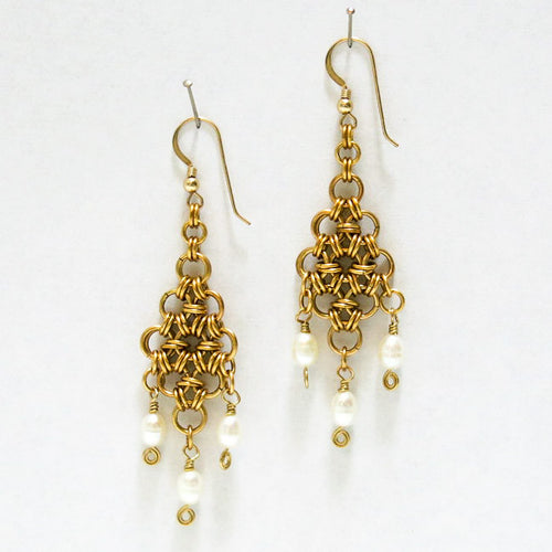 Diamond Chain Maille Earrings with White Freshwater Pearl Dangles
