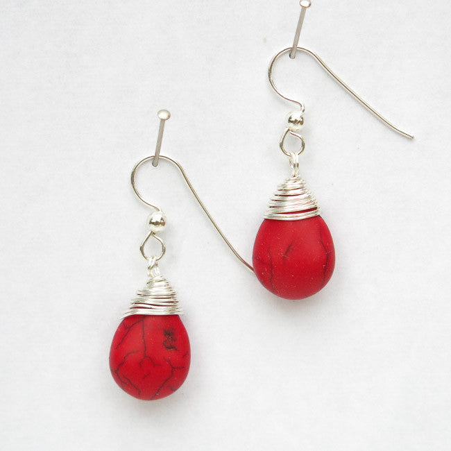 Red Magnesite Teardrop Earrings with Silver Wire-Wrapped Tops