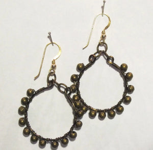 Antique Brass Hoop Earrings Wrapped with Matching Metal Beads