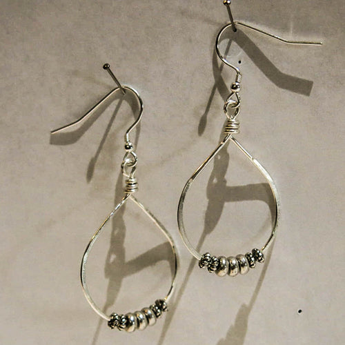 Silver Teardrop Hoop Earrings with Pewter Beads