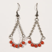 Load image into Gallery viewer, Half Hoop Earrings with Silver Chain and Coral Semi-Precious Gemstone Beads