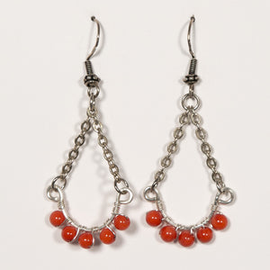 Half Hoop Earrings with Silver Chain and Coral Semi-Precious Gemstone Beads