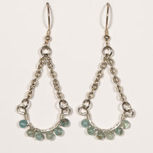 Load image into Gallery viewer, Half Hoop Earrings with Silver Chain and Green Agate Semi-Precious Gemstone Beads