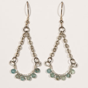 Half Hoop Earrings with Silver Chain and Green Agate Semi-Precious Gemstone Beads
