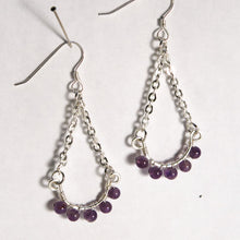 Load image into Gallery viewer, Half Hoop Earrings with Silver Chain and Amethyst Semi-Precious Gemstone Beads