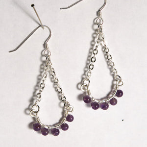Half Hoop Earrings with Silver Chain and Amethyst Semi-Precious Gemstone Beads
