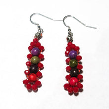 Load image into Gallery viewer, Red and multicolor gemstones cross needle weave earrings with silver lobster claw clasp