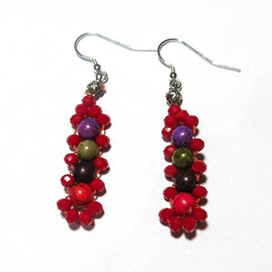 Red and multicolor gemstones cross needle weave earrings with silver lobster claw clasp