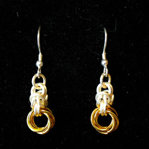 Silver and gold byzantine and mobius chain maille earrings with French hooks