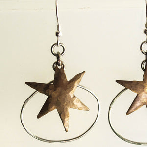 Hammered Brass Star and Silver Wire Slumbering Ovals Earrings