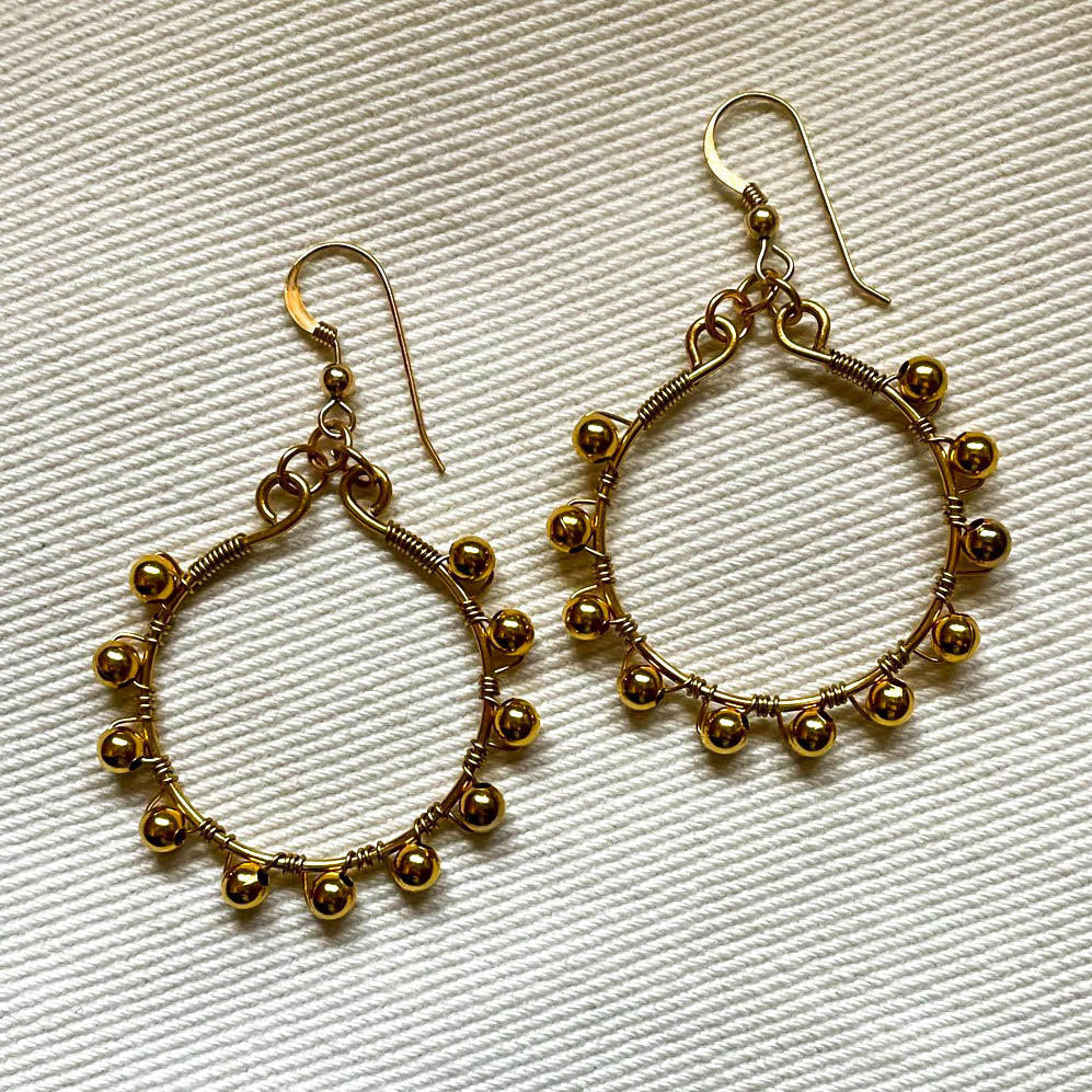 Gold Hoop Earrings Wrapped with Matching Metal Beads