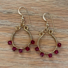 Load image into Gallery viewer, Gold and Ruby Red Swarovski Crystal-Wrapped Full Hoop Earrings