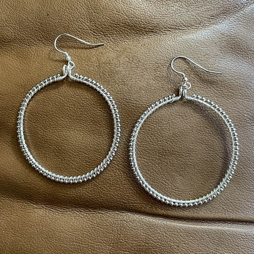 Silver Full Hoop Earrings Wrapped with Ball Chain