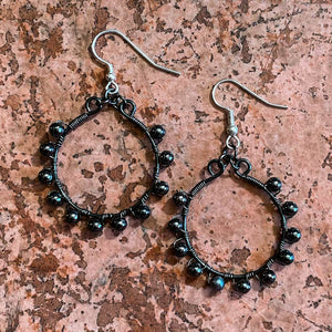 Hematite Hoop Earrings Wrapped with Matching Metal Beads