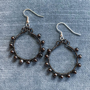 Hematite Hoop Earrings Wrapped with Matching Metal Beads