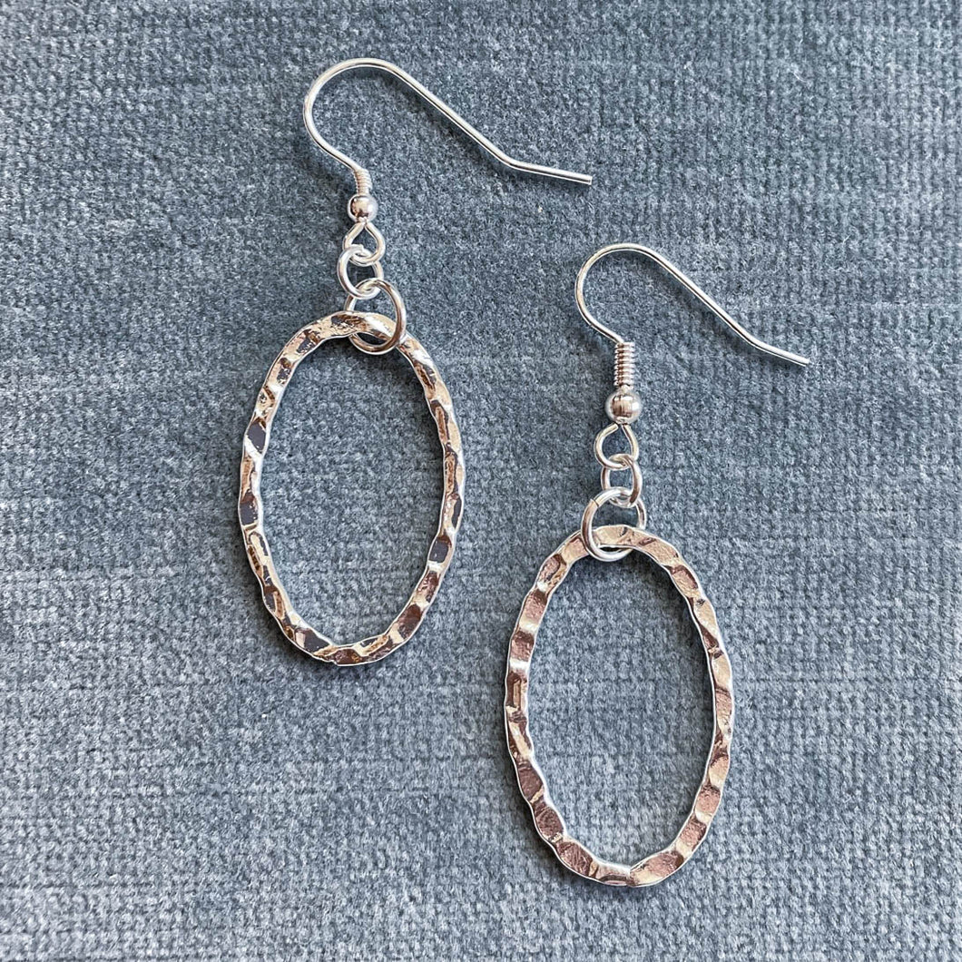 Hammered Silver Oval Hoop Earrings