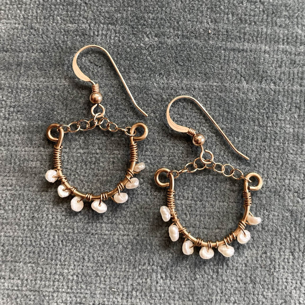 Mini Gold Hoop Earrings with Tiny White Pearls