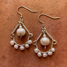 Load image into Gallery viewer, White Freshwater Pearl Half Hoop Earrings with Silver Wrapped Wire Connectors