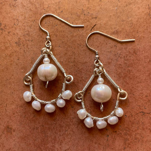 White Freshwater Pearl Half Hoop Earrings with Silver Wrapped Wire Connectors