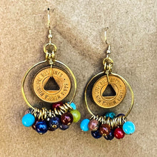 Load image into Gallery viewer, Vintage Bus Token &amp; Semi-Precious Gemstone Hoop Earrings