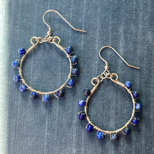 Load image into Gallery viewer, Silver Semi-Precious Lapis Lazuli Gemstone-Wrapped Hoop Earrings