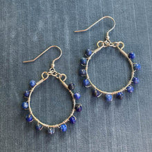 Load image into Gallery viewer, Silver Semi-Precious Lapis Lazuli Gemstone-Wrapped Hoop Earrings