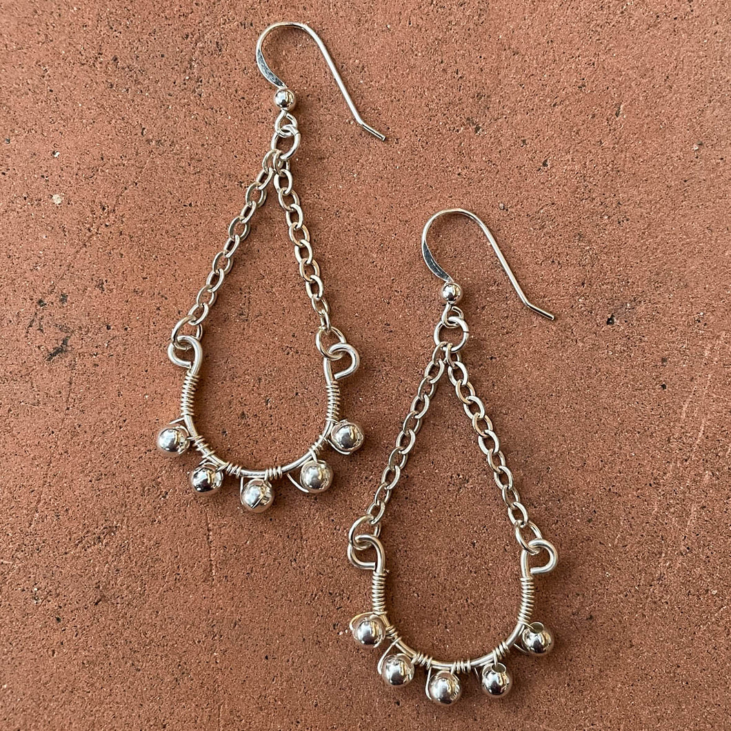 Silver Half Hoop Earrings with Chain & Matching Metal Beads