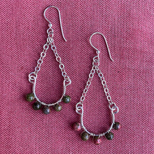 Load image into Gallery viewer, Half Hoop Earrings with Silver Chain and Unakite Semi-Precious Gemstone Beads
