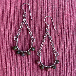 Half Hoop Earrings with Silver Chain and Unakite Semi-Precious Gemstone Beads