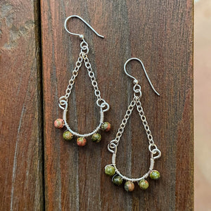 Half Hoop Earrings with Silver Chain and Unakite Semi-Precious Gemstone Beads