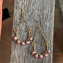 Load image into Gallery viewer, Half Hoop Earrings with Gold Chain &amp; Pink Freshwater Pearls 