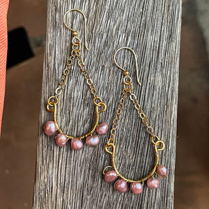 Half Hoop Earrings with Gold Chain & Pink Freshwater Pearls 