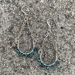 Half Hoop Earrings with Silver Chain & Turquoise Swarovski Crystals