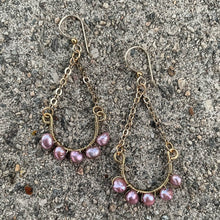 Load image into Gallery viewer, Half Hoop Earrings with Gold Chain &amp; Pink Freshwater Pearls 